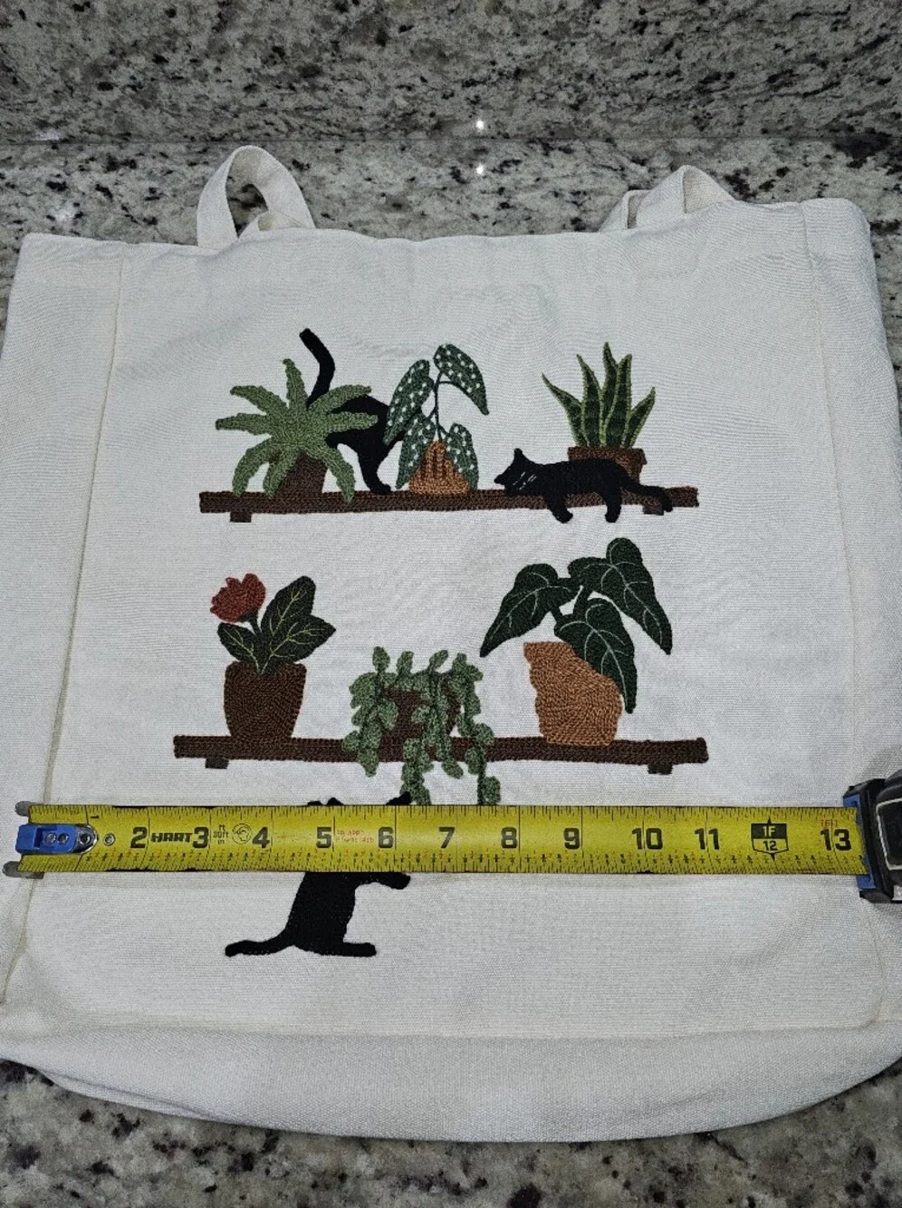 Cats & Plants Embroidered Textile Art Cottage Core Reusable Shopper Tote